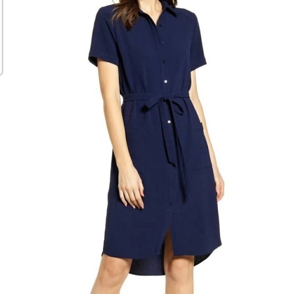 Rachel Parcell Navy Peacoat Navy Blue Collared Front Button Short Sleeves High-L